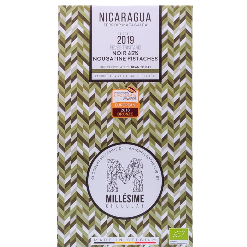 Dunkle Schokolade 65% Nicaragua | gefüllt mit Pistazien-Nougatine | BIO | 70 g | Millésime