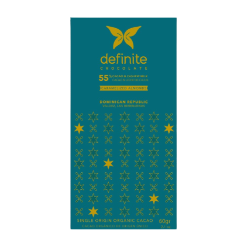 Vegane Schokolade 55% | Cashewmilch und karamellisierte Mandeln | 60 g | Definite